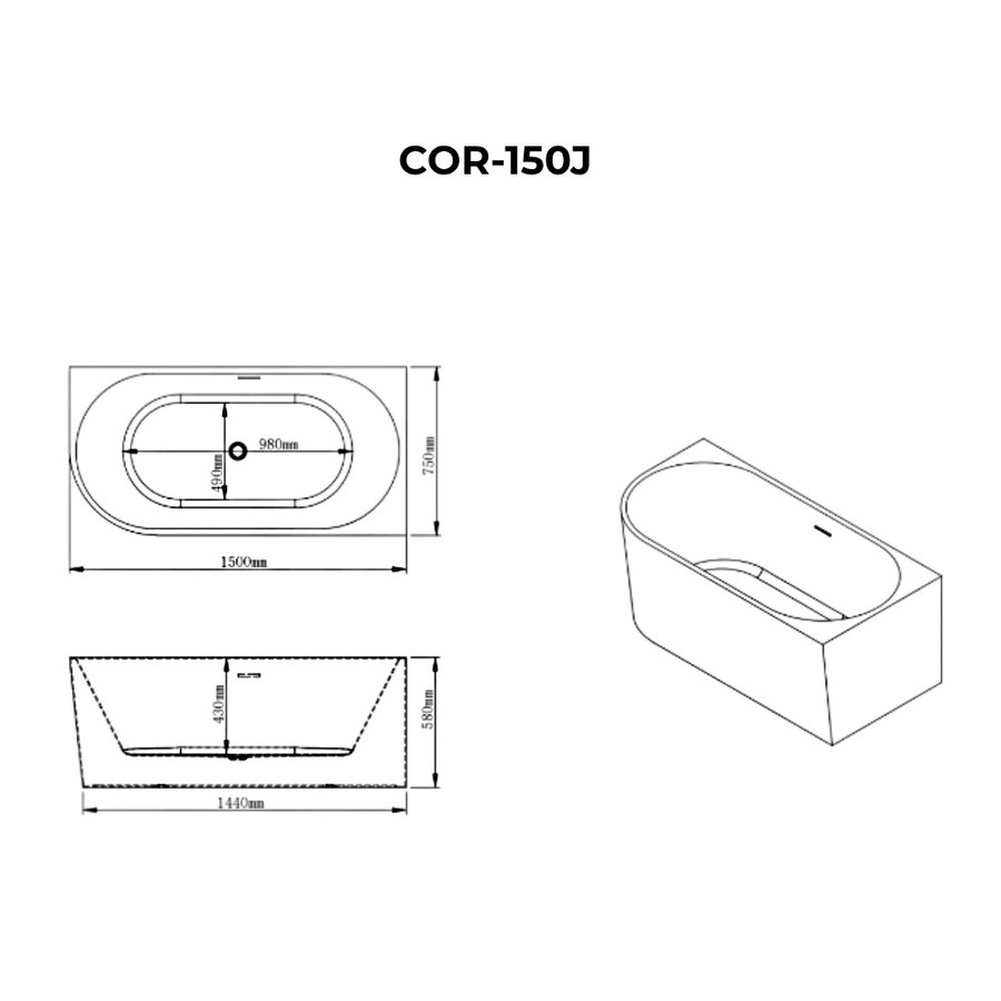 CORNER || félszabadon álló fürdőkád, sarokba, jobbos, fehér, 150x75x58 cm