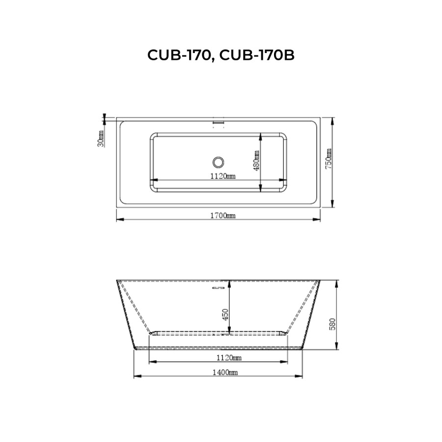 CUBE || szabadon álló fürdőkád, fehér, 170x75x58 cm
