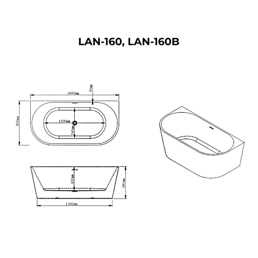 LANA || félszabadon álló fürdőkád, fal mellé, fekete-fehér, 160x80x58 cm