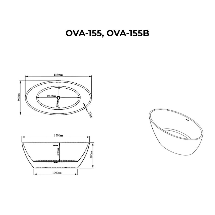 OVAL || szabadon álló fürdőkád, fekete-fehér, 155x80x58 cm