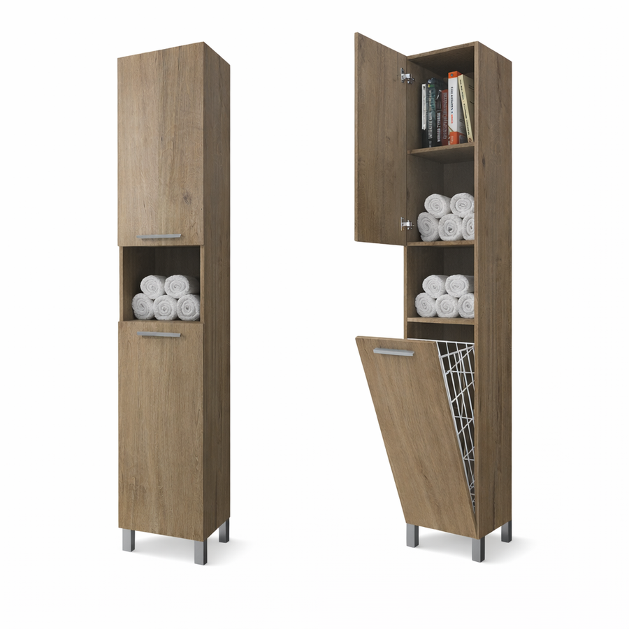 NORMANDIA 30 || Sonoma,  fürdőszoba szekrény, szennyestartóval, tárolóval és polcokkal