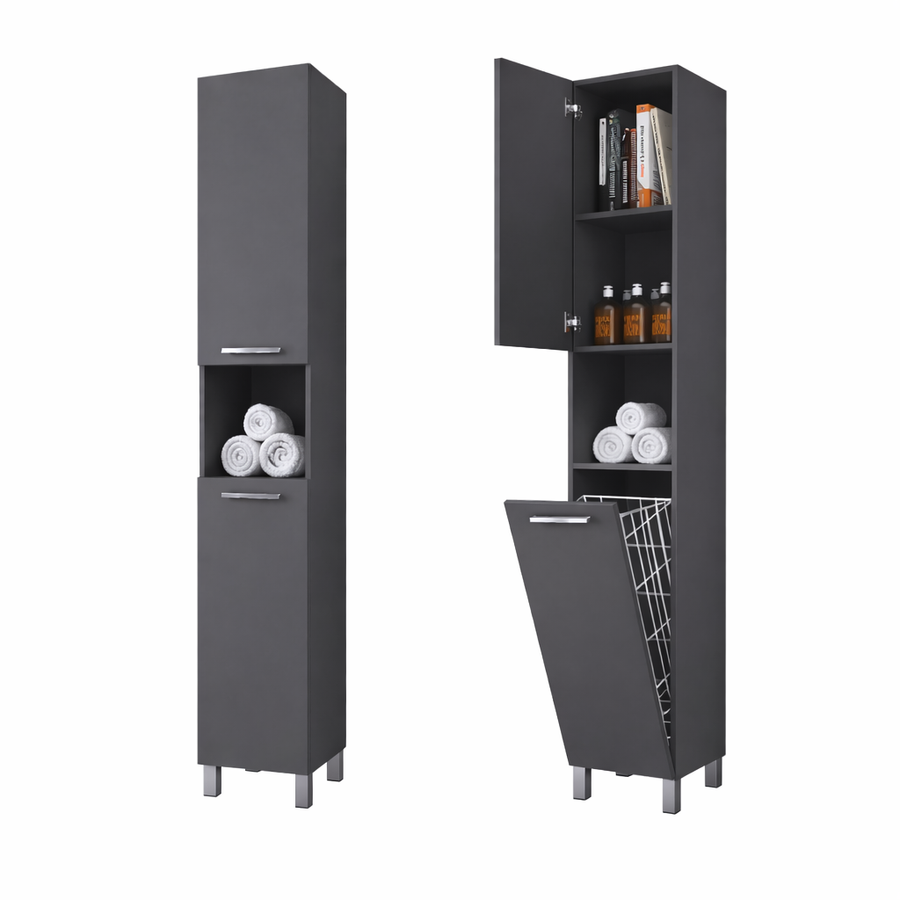 NORMANDIA 30 || Matt antracit szürke, fürdőszoba szekrény, szennyestartóval, tárolóval és polcokkal