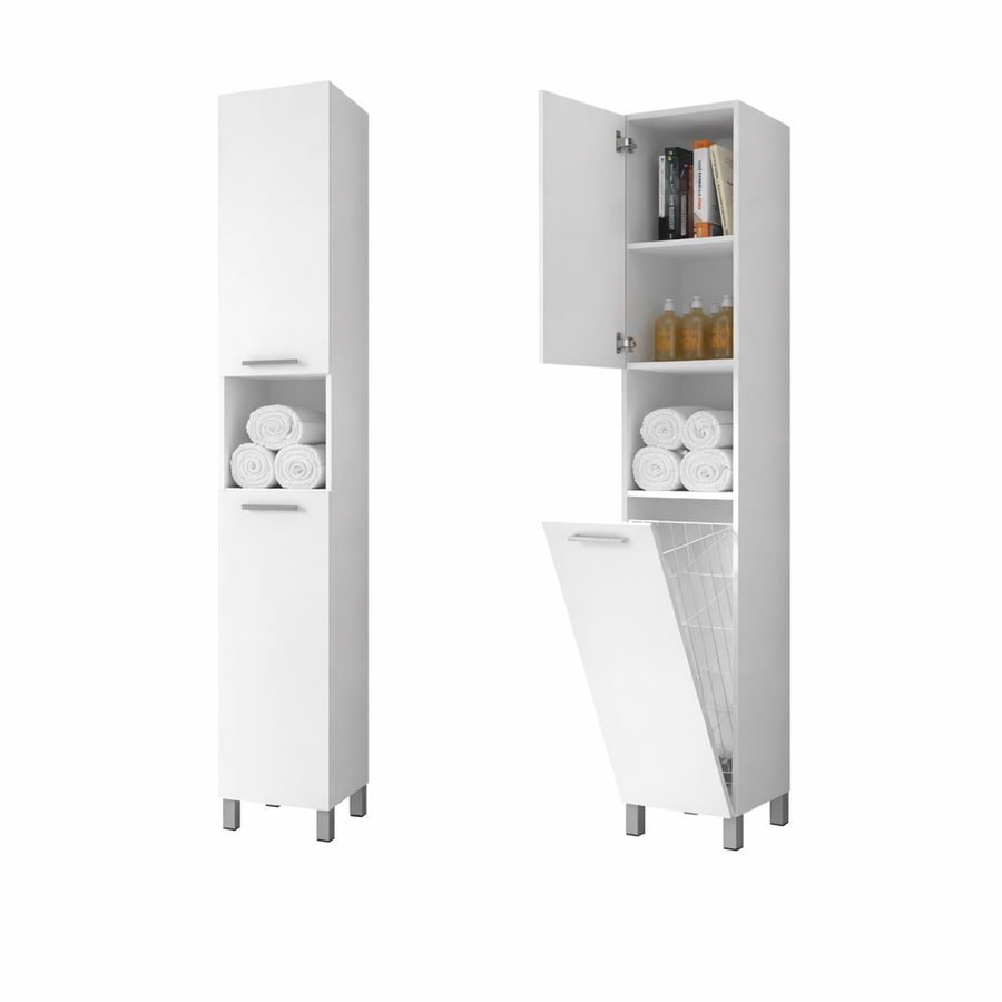 NORMANDIA 30 || Fehér,  fürdőszoba szekrény, szennyestartóval, tárolóval és polcokkal