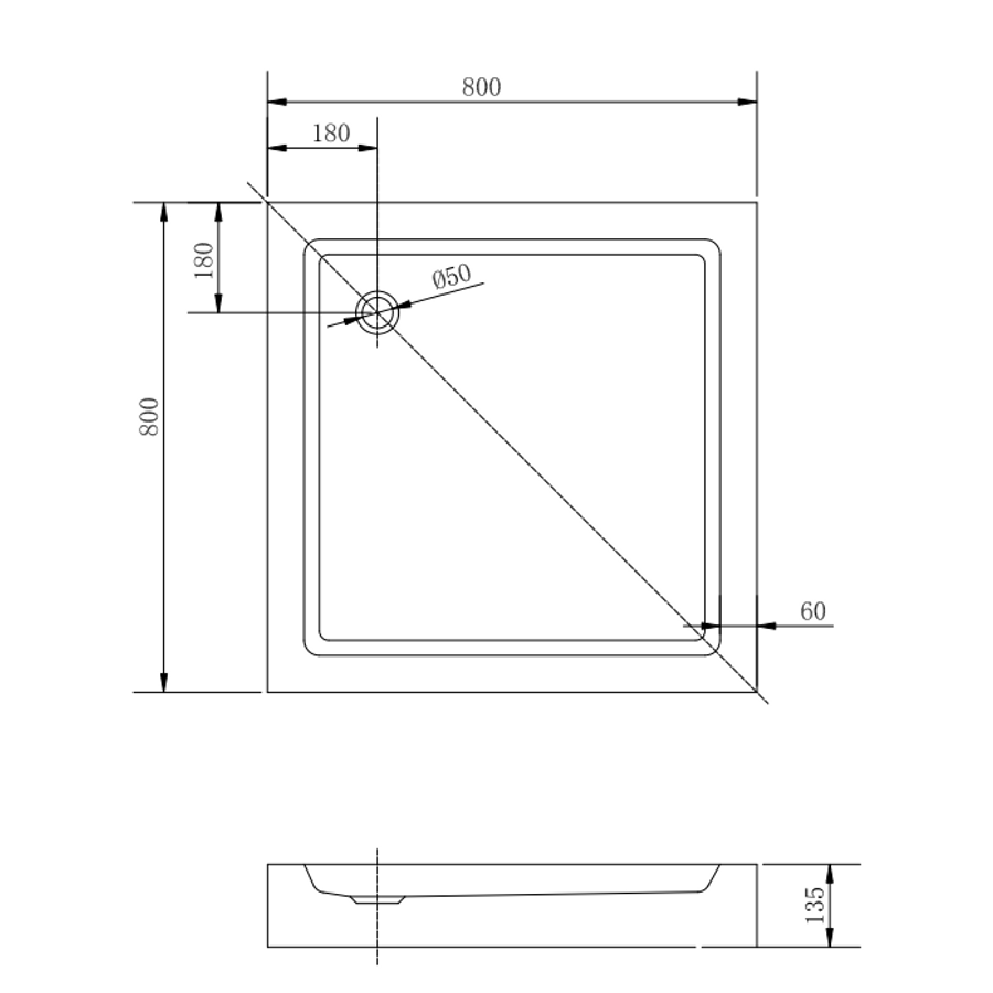 Almagro || 80x80x13,5 cm szögletes, akril zuhanytálca szifonnal