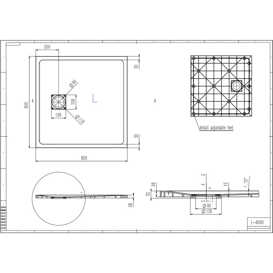 Cagliari || White 80x80x2,6 cm szögletes, SMC zuhanytálca szifonnal