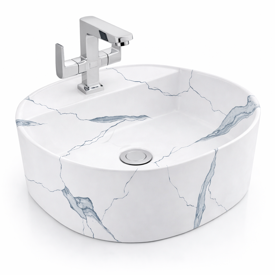 BERGAMO-M || Pultra helyezhető mosdókagyló, kerámia, fehér, márványmintás, lekerekített