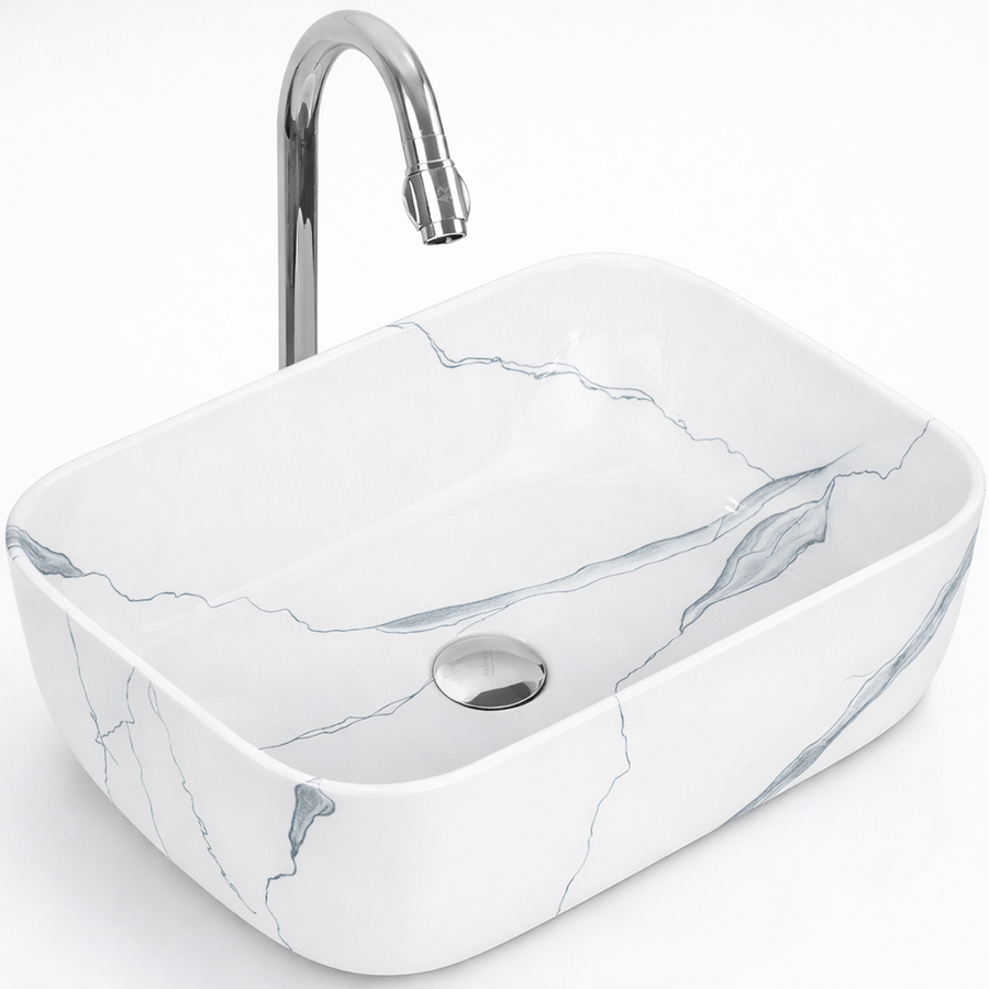 BERLIN-M || Pultra helyezhető mosdókagyló, kerámia, fehér, márványmintás, négyszögletes
