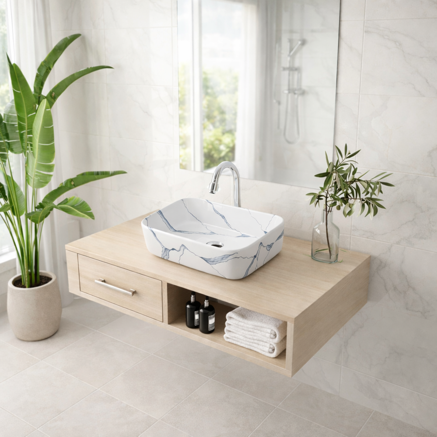 BERLIN-M || Pultra helyezhető mosdókagyló, kerámia, fehér, márványmintás, négyszögletes