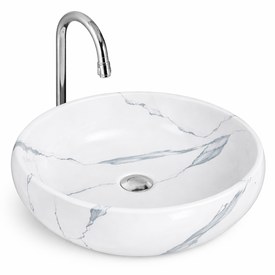 MERANO-M || Pultra helyezhető mosdókagyló, kerámia, fehér, márványmintás, ovális