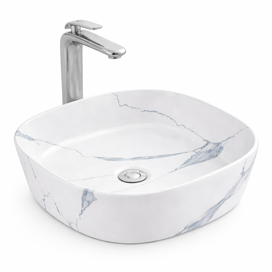 BERGAMO-M SLIM || Pultra helyezhető mosdókagyló, kerámia, fehér, márványmintás, lekerekített