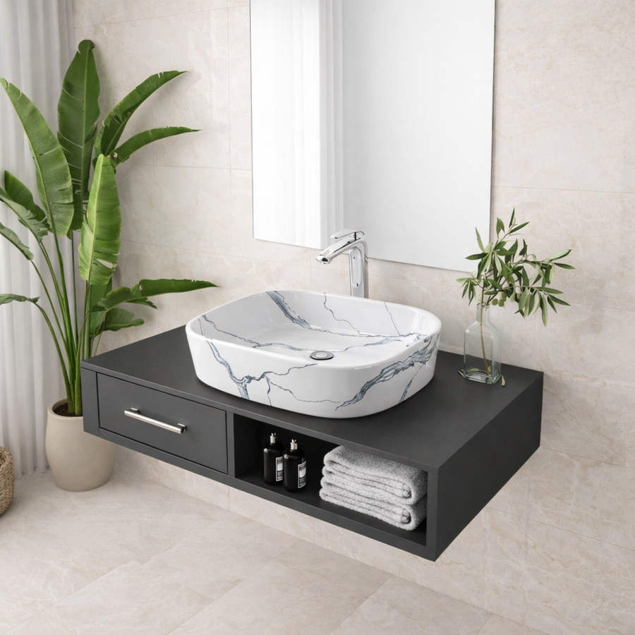 BERGAMO-M SLIM || Pultra helyezhető mosdókagyló, kerámia, fehér, márványmintás, lekerekített