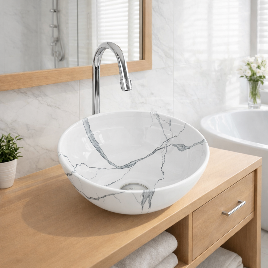 PARMA-M || Pultra helyezhető mosdókagyló, kerámia, fehér, márványmintás, kerek