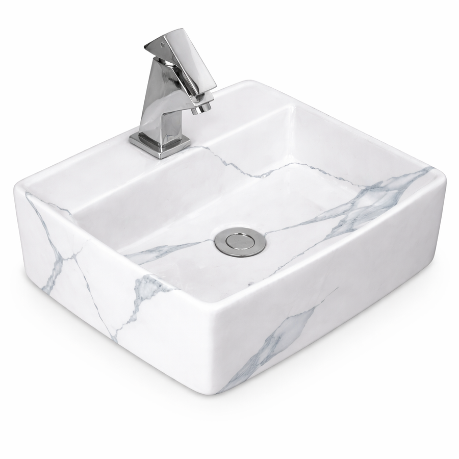 LINZ-M || Pultra helyezhető mosdókagyló, kerámia, fehér, márványmintás, szögletes