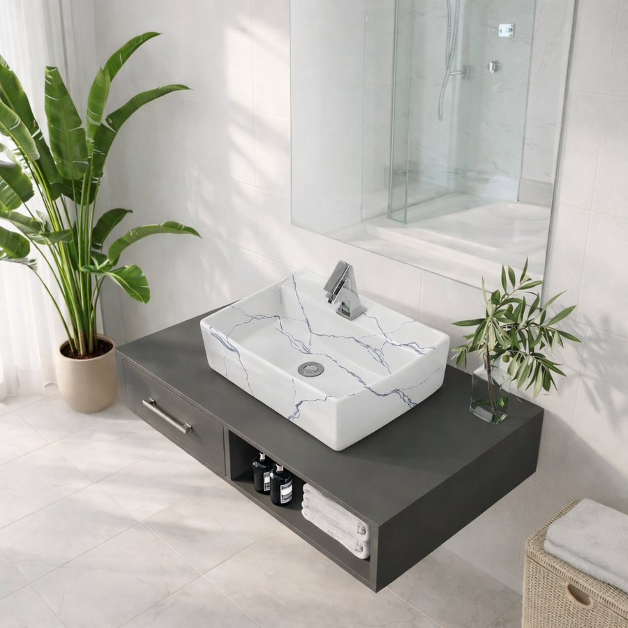 LINZ-M || Pultra helyezhető mosdókagyló, kerámia, fehér, márványmintás, szögletes