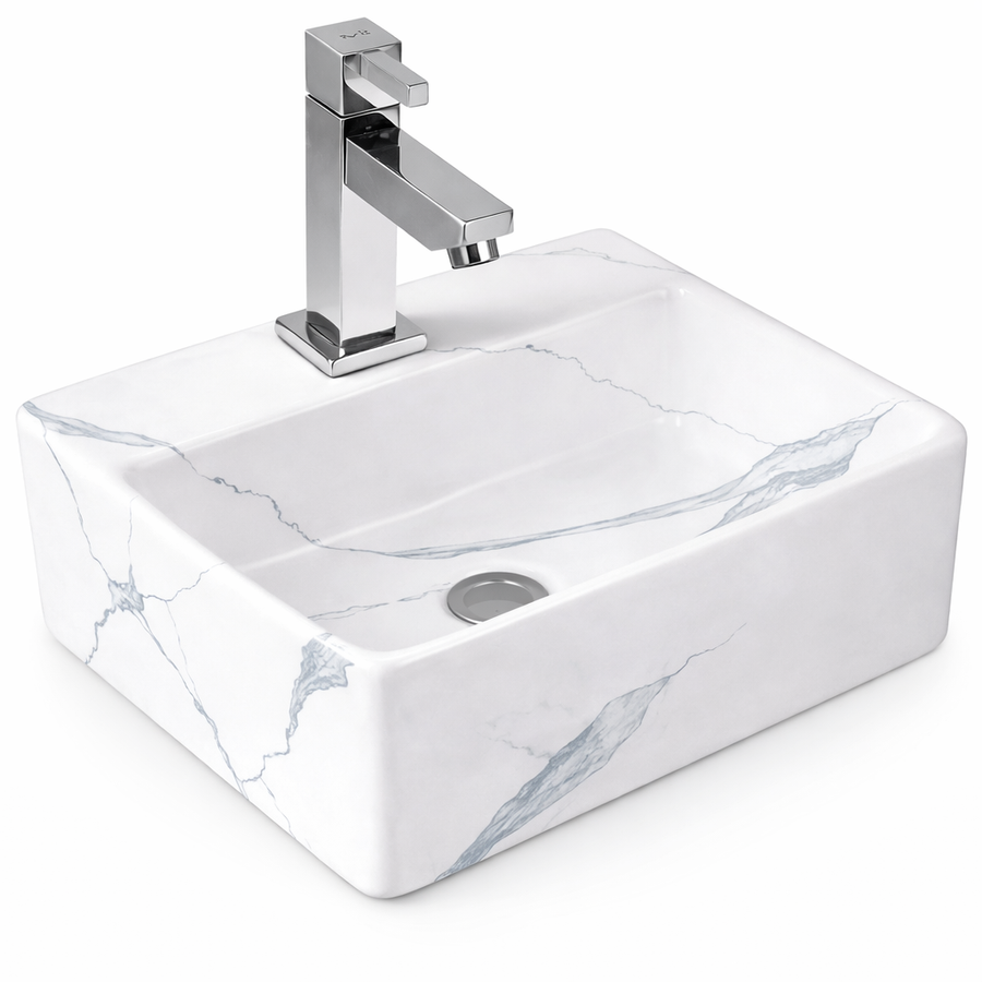 LAGE-M || Pultra helyezhető mosdókagyló, kerámia, fehér, márványmintás, szögletes