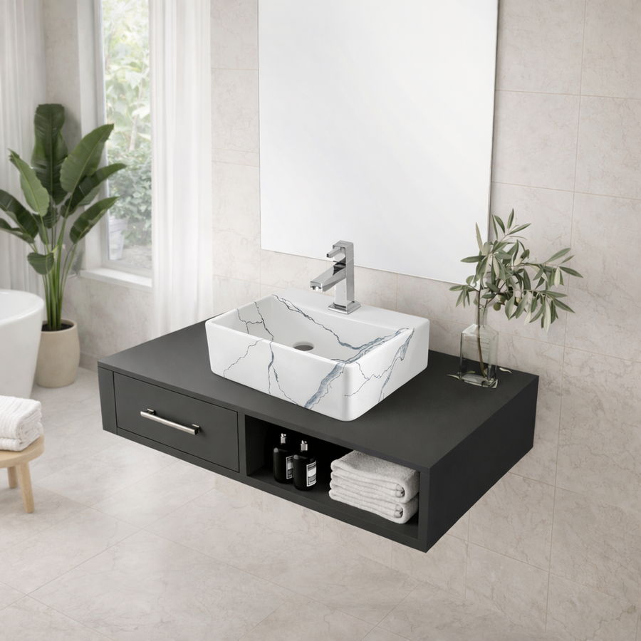 LAGE-M || Pultra helyezhető mosdókagyló, kerámia, fehér, márványmintás, szögletes