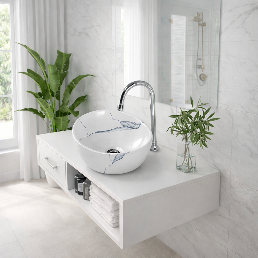 ASTI-M || Pultra helyezhető mély mosdókagyló, kerámia, fehér, márványmintás, kerek