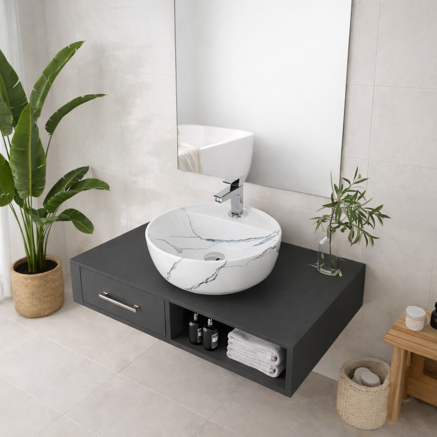 MONTERO-M 40 || Pultra helyezhető mosdókagyló, kerámia, fehér, márványmintás, lekerekített