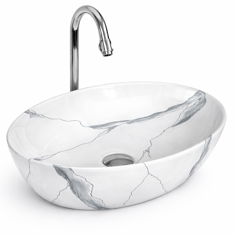 MONACO-M || Pultra helyezhető mosdókagyló, kerámia, fehér, márványmintás, ovális