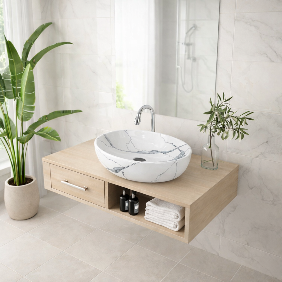 MONACO-M || Pultra helyezhető mosdókagyló, kerámia, fehér, márványmintás, ovális