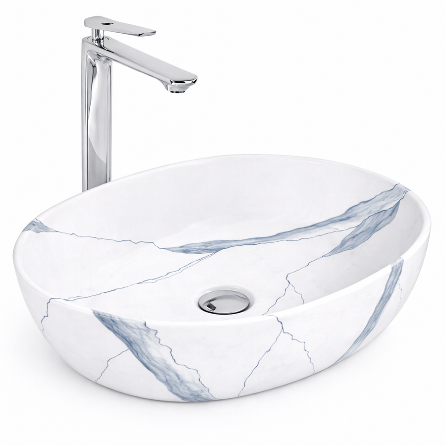 LIGNANO-M || Pultra helyezhető mosdókagyló, kerámia, fehér, márványmintás, ovális