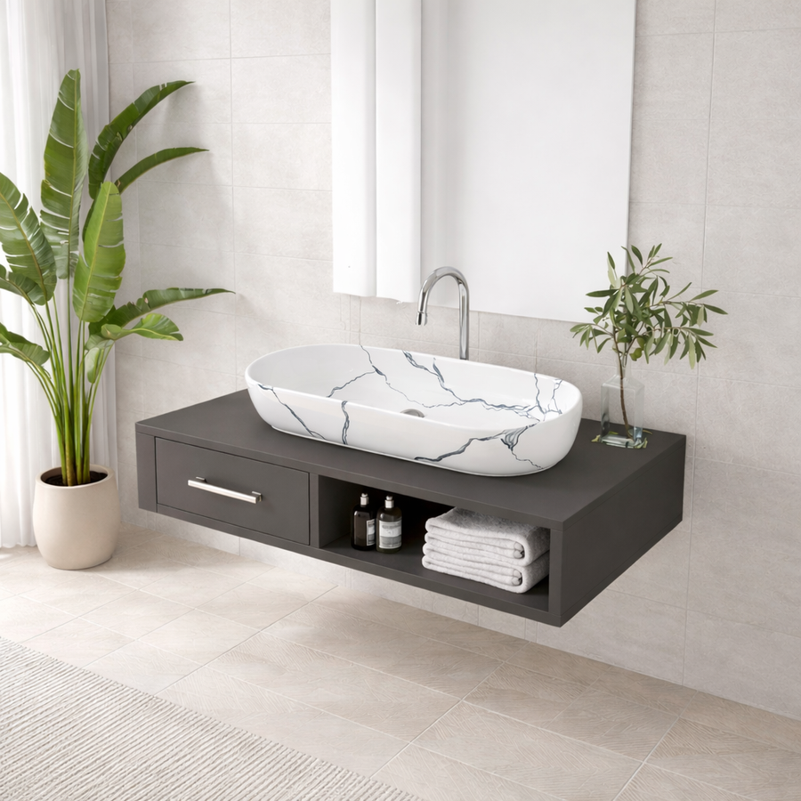 LIGNANO-M || Pultra helyezhető mosdókagyló, kerámia, fehér, márványmintás, ovális