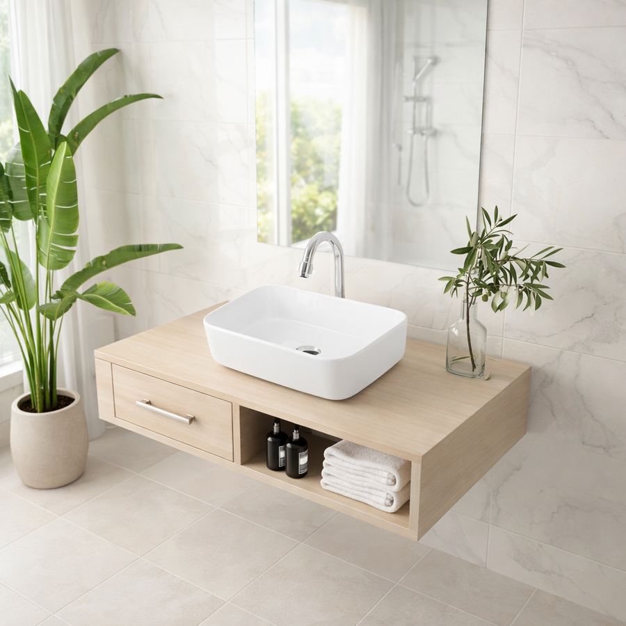 BERLIN || Pultra helyezhető mosdókagyló, kerámia, fehér, négyszögletes