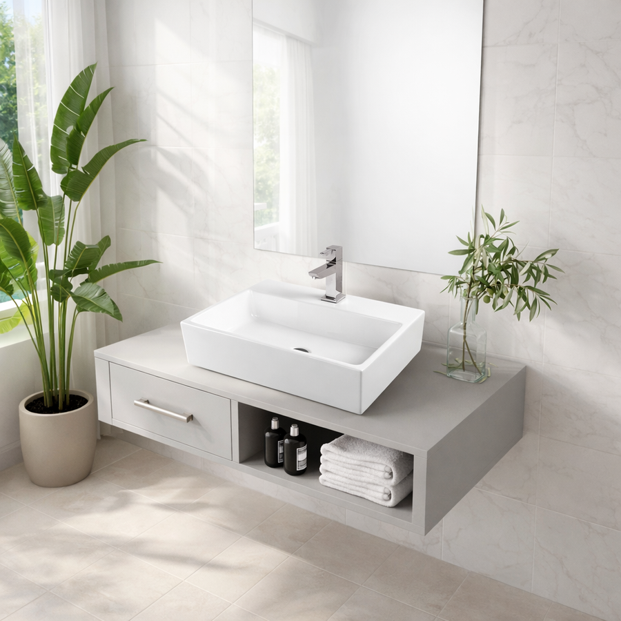 LEER || Pultra helyezhető mosdókagyló, kerámia, fehér, szögletes