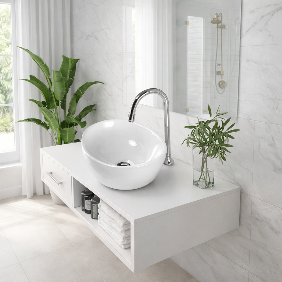 ASTI || Pultra helyezhető mély mosdókagyló, kerámia, fehér, kerek